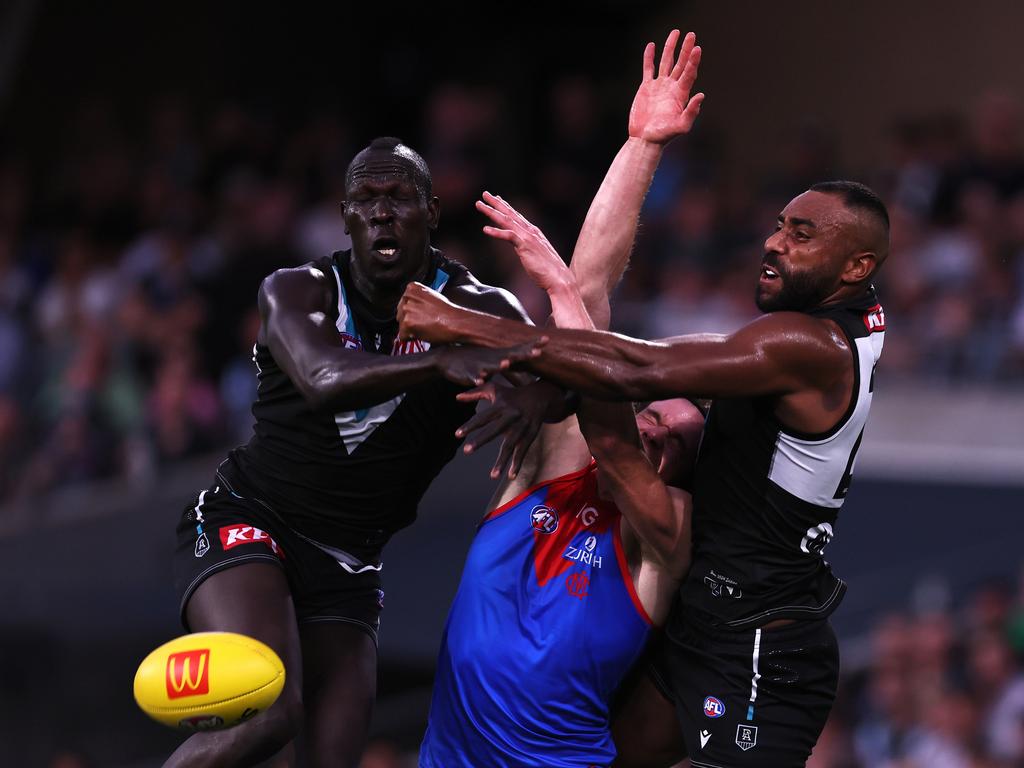 Mick McGuane has serious concerns about Port Adelaide’s key defenders including Aliir Aliir and Esava Ratugolea. Picture: James Elsby/AFL Photos via Getty Images