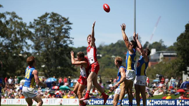 Nick Blakey of the Swans competes for the ball during the 2019 JLT Community Series AFL match between the Sydney Swans and the Gold Coast Suns at Oakes Oval on March 10, 2019 in Lismore, Australia. (Photo by Matt King/Getty Images)