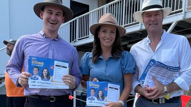 Bonney MP Sam O'Connor (far left) and Surfers Paradise MP John-Paul Langbroek join LNP candidate Bianca Stone at the Nerang pre-polling booth in a bid to win the seat belonging to Labor's Meaghan Scanlon.