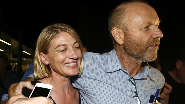 Australian television presenter Tara Brown and producer Stephen Rice arrive at Sydney International Airport. Picture: Daniel Munoz/Getty