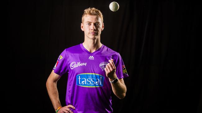 Hurricanes and Tasmanian fast bowler Riley Meredith will fly out for his first overseas international tour on Sunday. Picture: RICHARD JUPE