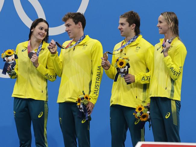 Australia’s 4x100m mixed medley relay bronze medallist (from left) Kaylee McKeown, Zac Stubblety-Cook, Matt Temple and Emma McKeon. Picture: Alex Coppel