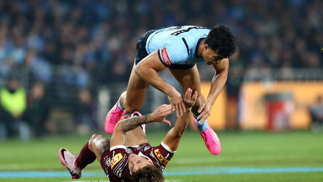 Joseph-Aukuso Suaalii may have played his last State of Origin game after the Blues rookie was offered a hefty ban by the match review committee. Picture: NRL Photos / Brett Costello