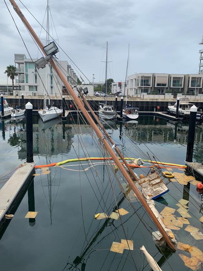 The yacht submerged at New Port on Wednesday. Picture: Paula Thompson