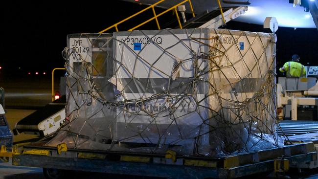 Pallets of the first shipment of the Moderna Covid-19 vaccines arrive in Australia on Friday. Picture: Bianca De Marchi/Getty