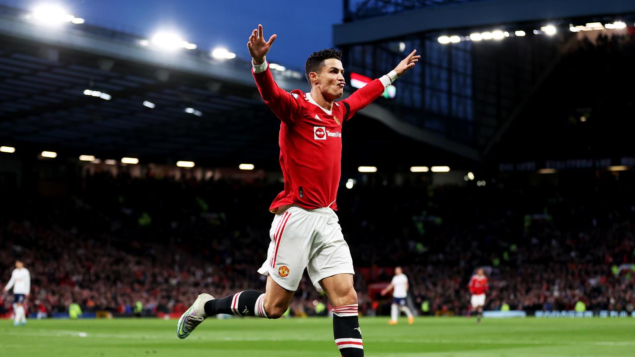 MANCHESTER, ENGLAND – MARCH 12: Cristiano Ronaldo of Manchester United celebrates after scoring their side's second goal during the Premier League match between Manchester United and Tottenham Hotspur at Old Trafford on March 12, 2022 in Manchester, England. (Photo by Naomi Baker/Getty Images)