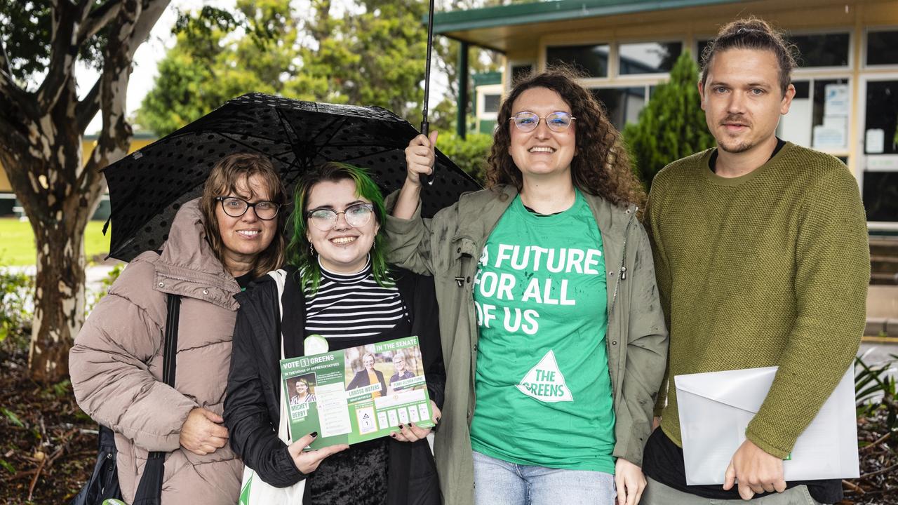 Greens candidate for Groom Mickey Berry with mum Sonia Berry and supporters Tanja Miljevic and Cameron Rees at the Centenary Heights State High School polling booth, Saturday, May 21, 2022. Picture: Kevin Farmer