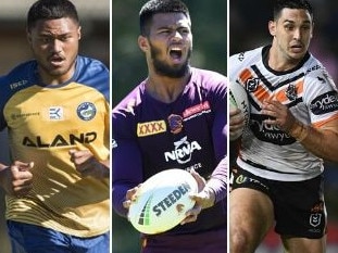 Parramatta believe the West Tigers' poaching of Stefano Utoikamanu (left), considered the next Payne Haas (centre), is payback for the signing of Ryan Matterson (right).