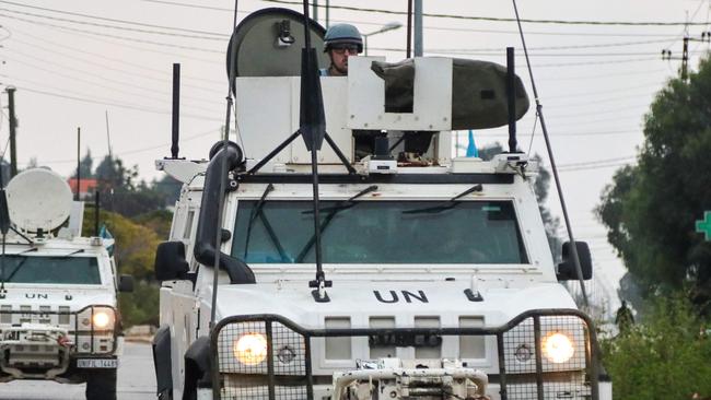 Vehicles of the United Nations Interim Force in Lebanon patrol in Marjeyoun in southern Lebanon. Picture: AFP