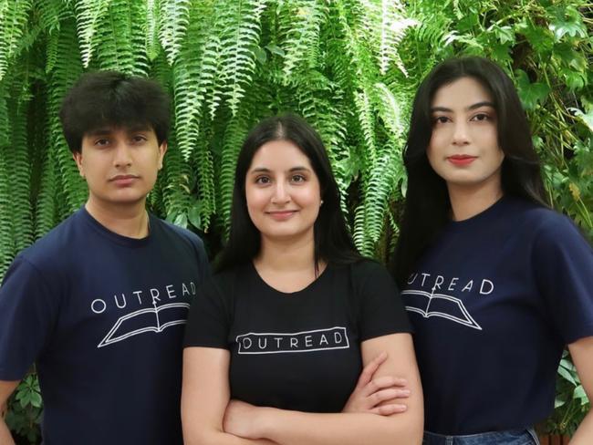 Outread's Janhvi Sirohi, centre, with Dhruv Sirohi, left, and Anshika Singh, right. Picture: Supplied