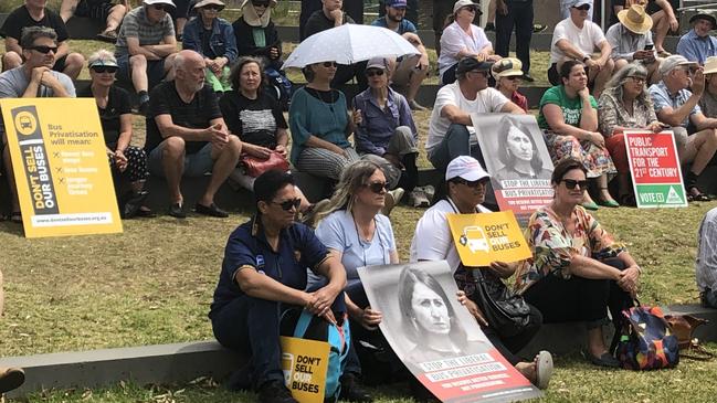 Some of the 200 people who attended a community rally at Mona Vale opposed to the franchising of bus services on the northern beaches. Picture: Rail, Tram and Bus Union