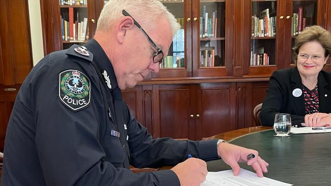 Police Commissioner Grant Stevens revokes the major Covid-19 Emergency Declaration after 793 days at Government House. Picture: Chris Picton