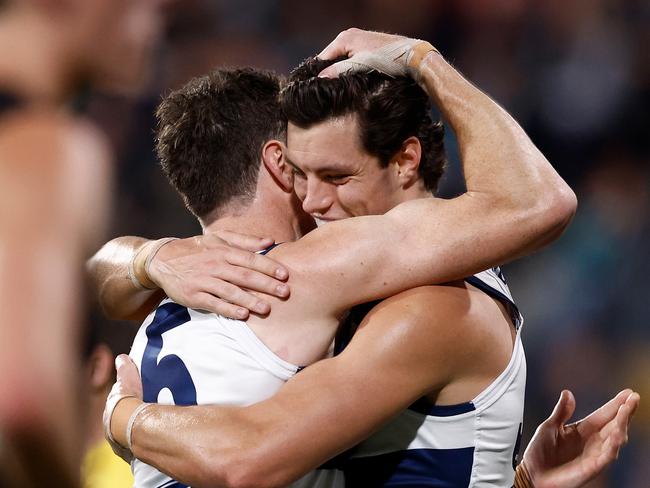 Jeremy Cameron and Shannon Neale celebrate a goal against Port Adelaide. Picture: Michael Willson/AFL Photos via Getty Images