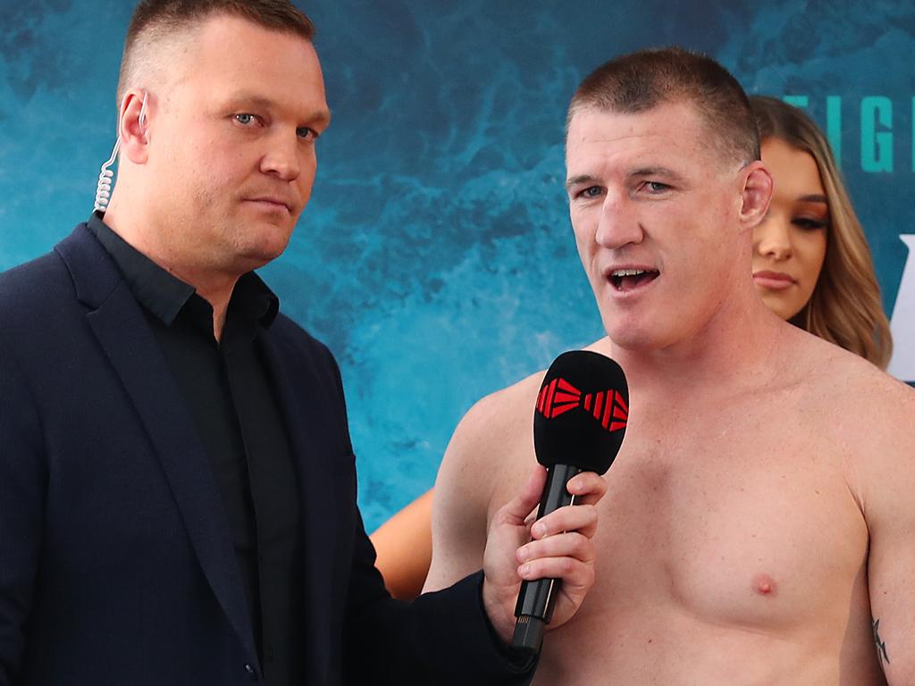 Paul Gallen speaks to the media during the weigh in.