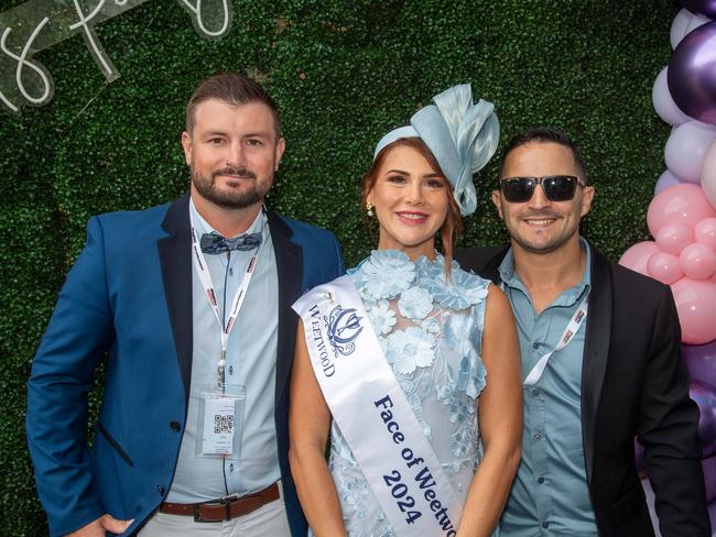 (From left) Josh Evans, Haylee Guarracino and Brian Guarracino. Weetwood Raceday at Toowoomba Turf Club. Saturday, September 28, 2024. Picture: Nev Madsen.