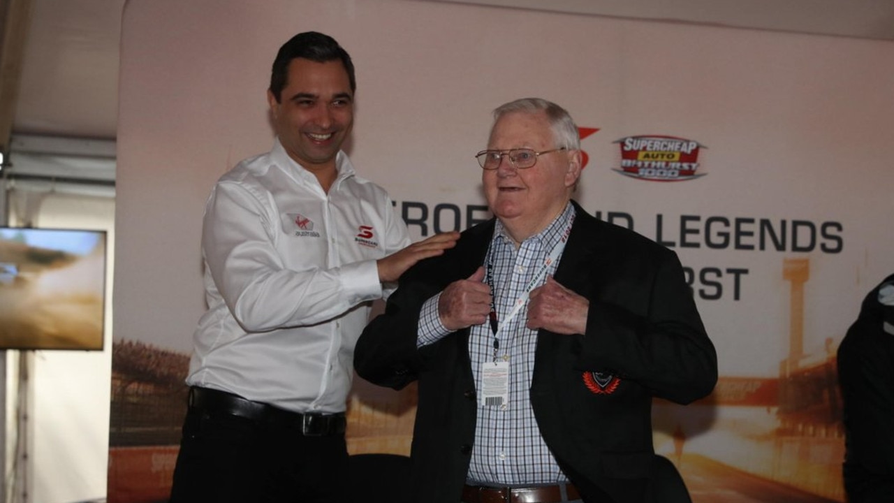 Mike Raymond receives his Bathurst Heroes and Legends blazer from Supercars CEO Sean Seamer last year. Picture: @Andy_Raymond