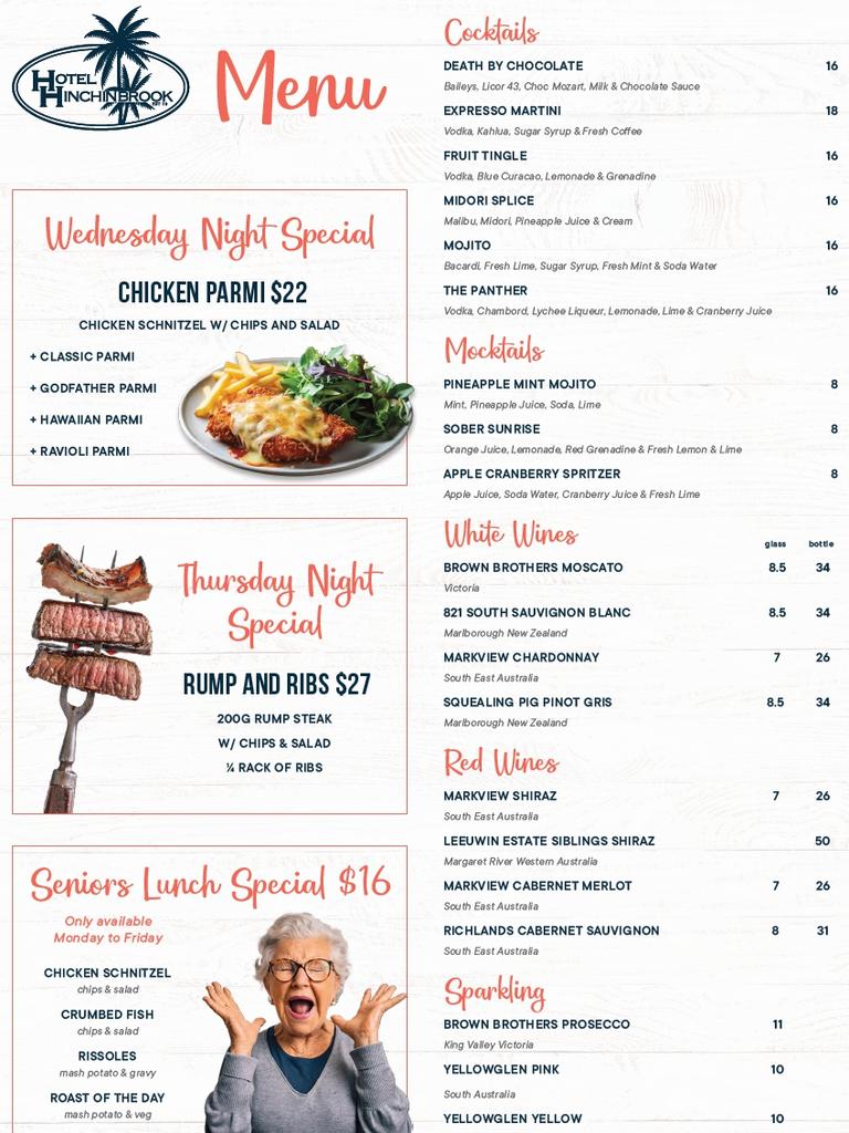 Page two of the Hinchinbrook Hotel’s extensive menu, including it’s popular and affordable weekly specials, including chicken parmis, and rump and ribs meal deals. Picture: Supplied
