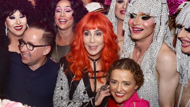 Alan Joyce stands beside Cher at the 2018 Mardi Gras parade. Picture: Supplied.