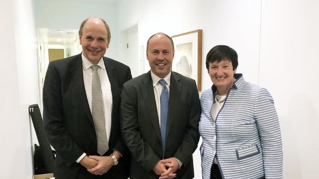 BCA president Grant King, federal Treasurer Josh Frydenberg and BCA CEO Jennifer Westacott at the BCA dinner in Canberra. Picture: Margin Call.