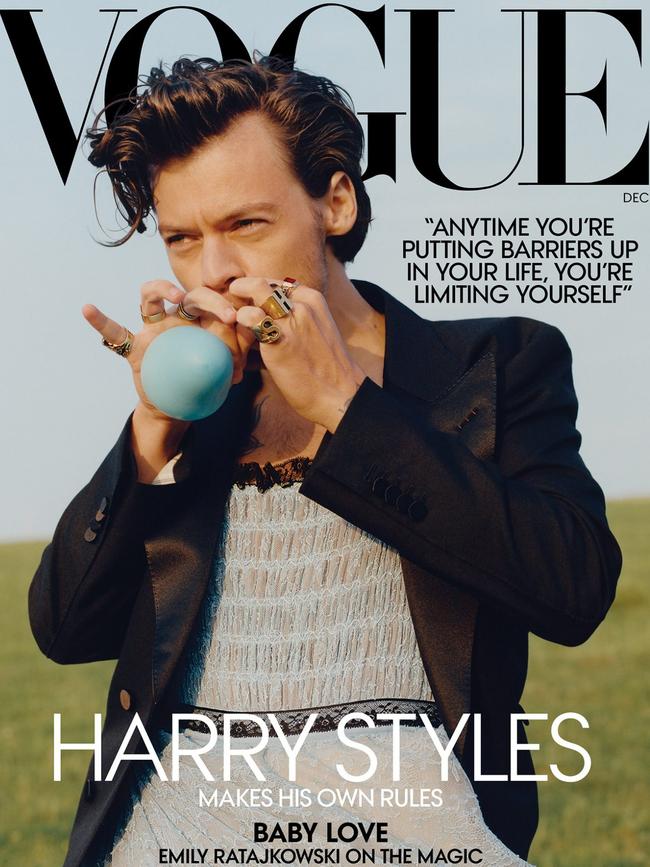 Styles in a gender neutral outfit on the cover of Vogue. Picture: Tyler Mitchell