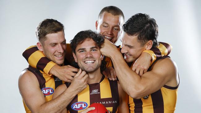 WARNING WARNING WARNINGDO NOT USE BEFORE CONTACTING HERALDSUN PIC DESK.NCA. MELBOURNE, AUSTRALIA. 19th February, 2025 . Hawthorns mosquito fleet.   Jack Ginnivan , Nick Watson , Connor Macdonald and Dylan Moore   .  Picture: Michael Klein