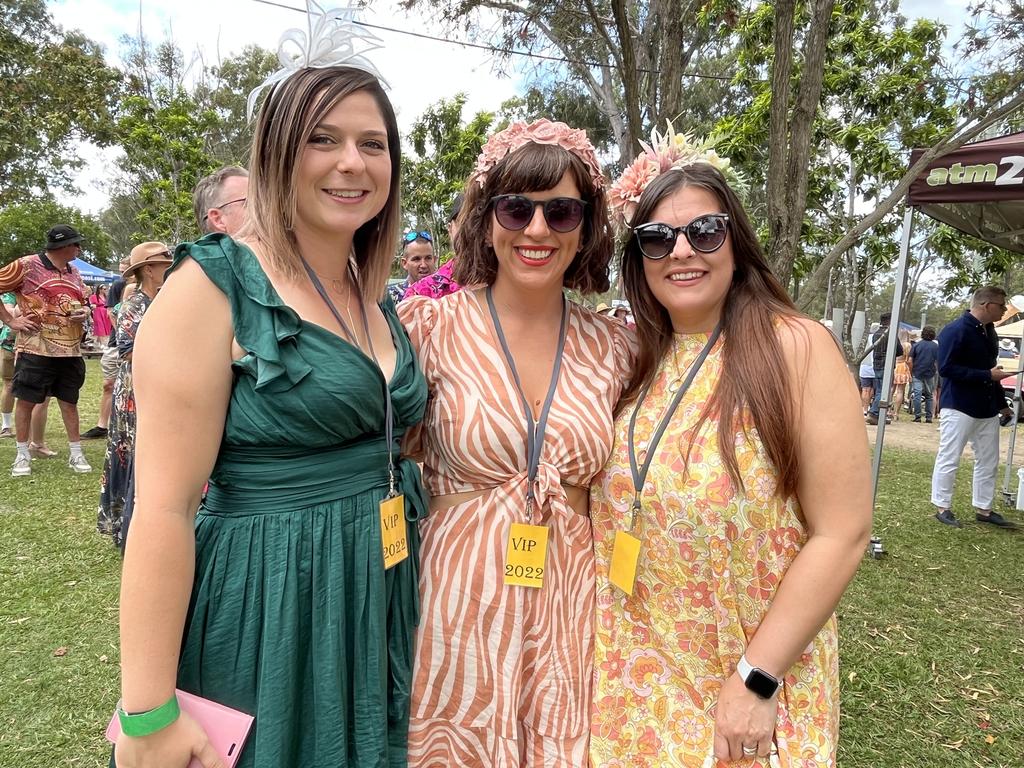 Tonieal Read, Anna Murray and Lisa Taylor enjoying the Torbanlea Picnic Races.