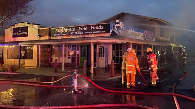 Three businesses, including two cafes and a butchers, have caught fire on Dauncey St in Kingscote, Kangaroo Island. Picture: SA CFS