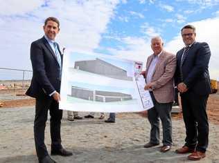 WORK STARTS: State Development Minister Cameron Dick (left) celebrates the start of work on the Qantas Pilot Academy at Wellcamp Airport with Wagner Corporation's John Wagner and academy executive manager Wes Nobelius. Picture: Contributed