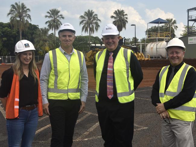 Aspire Design and Construct Executive Director Lisa Jenkinson, Skills, Training and International Education Minister Joel Bowden, CDU Vice Chancellor Scott Bowman, CDU TAFE Pro-Vice Chancellor Mike Hamilton announce the beginning of construction for the Charles Darwin University Trades Training Centre. Picture: Sierra Haigh