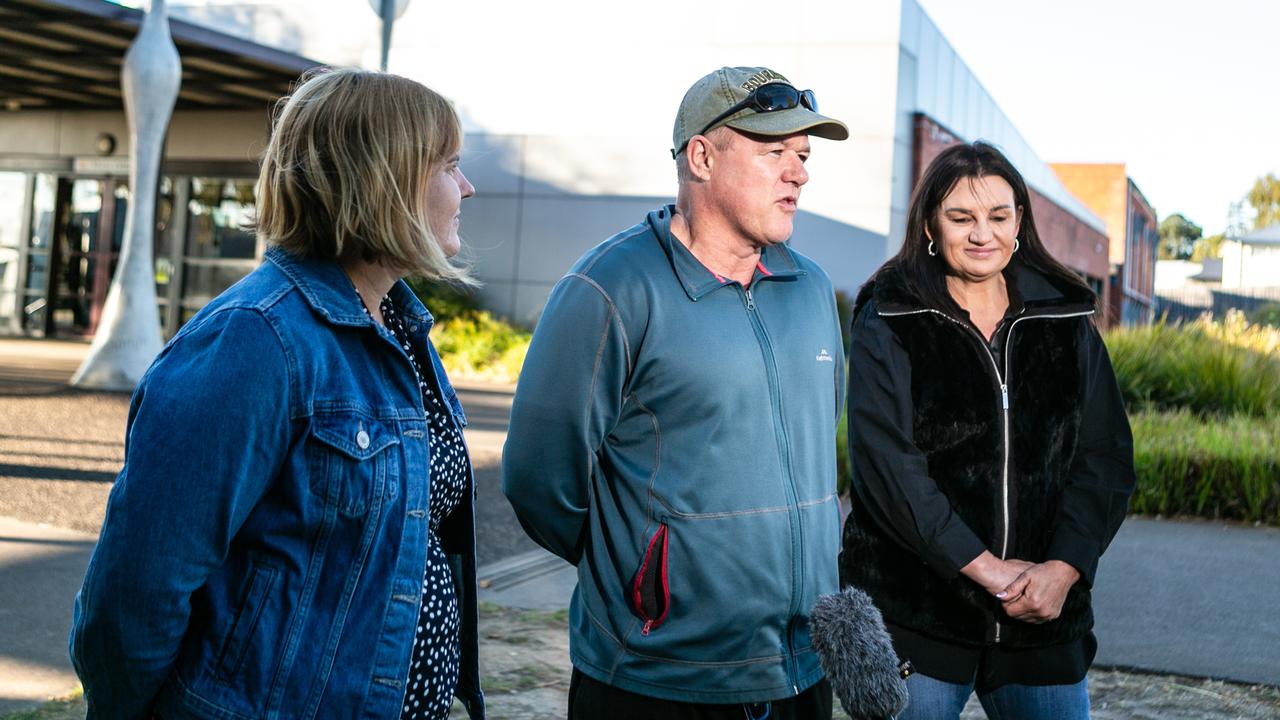 L-R Miriam Beswick, Craig Cutts, Jacqui Lambie. Lambie Network candidates for Braddon, Miriam Beswick and Craig Cutts, are joined by Senator and party leader Jacqui Lambie as they cast their vote at Reece High School in Devonport in the 2024 Tasmanian State Election. Picture: Patrick Gee