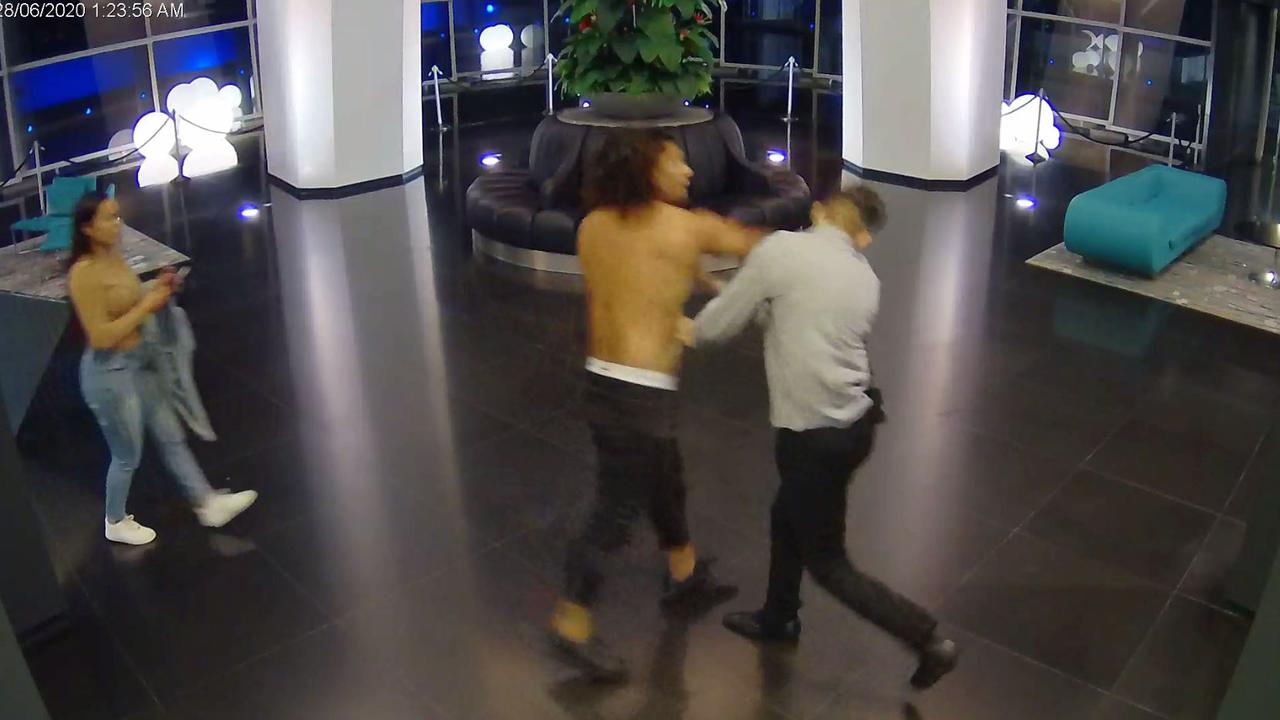 Charles Wulf Kwan (shirtless) attacks the night manager at the Q1 building. Picture: Supplied