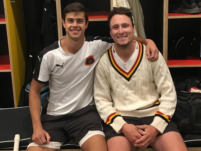 St Kilda century-makers Ben Davies (left) and Josh Manning at stumps. Picture: Michael Beer World of Photography.