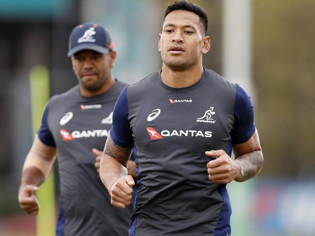 Israel Folau (right) at Wallabies training in Melbourne. Picture: AAP