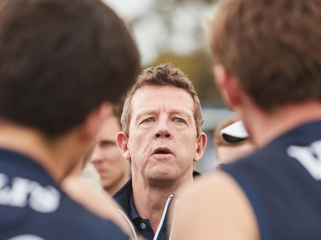 26/7/17 Panther's coach Garry Hocking talking to players at quarter time at the match against Adelaide at Noarlunga Oval. Picture: MATT LOXTON