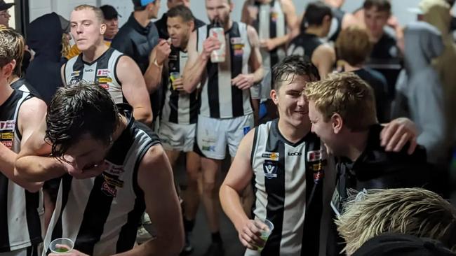 Castlemaine celebrate winning against Maryborough in round 1. Picture: Peter Banko