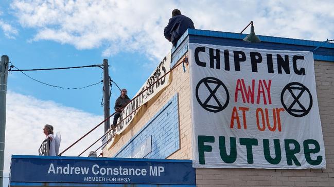 Extinction Rebellion protesters at Bega MP Andrew Constance's office on June 8.