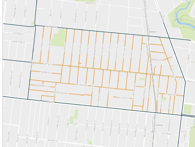 The proposed Coburg trial zone would cover all local roads (in yellow) between Gaffney St, Bell St, Sussex St and Sydney Rd. Picture: Supplied/Merri-bek council.