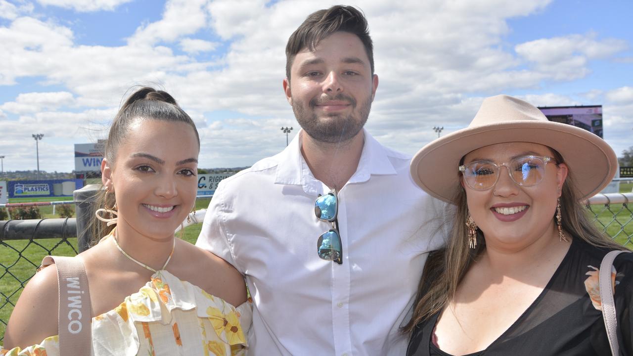 Kirralee Bronkhurst, Joshua Ellis and Juanita James at the 2023 Audi Centre Toowoomba Weetwood race day at Clifford Park Racecourse.