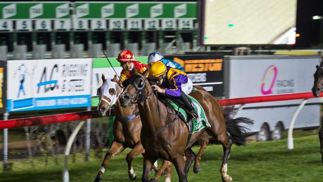 Jockey Nozi Tomizawa guides It's Thyme to win race one at Clifford Park. Picture: Kevin Farmer