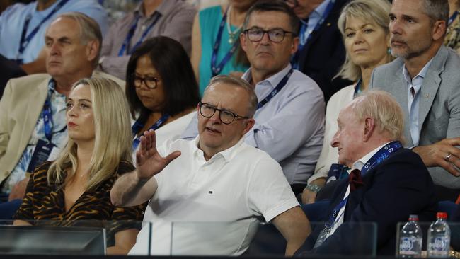 Prime Minister Anthony Albanese speaking with Rod Laver during the men’s final at the Rod Laver Arena in Melbourne on January 27. Picture: Michael Klein.