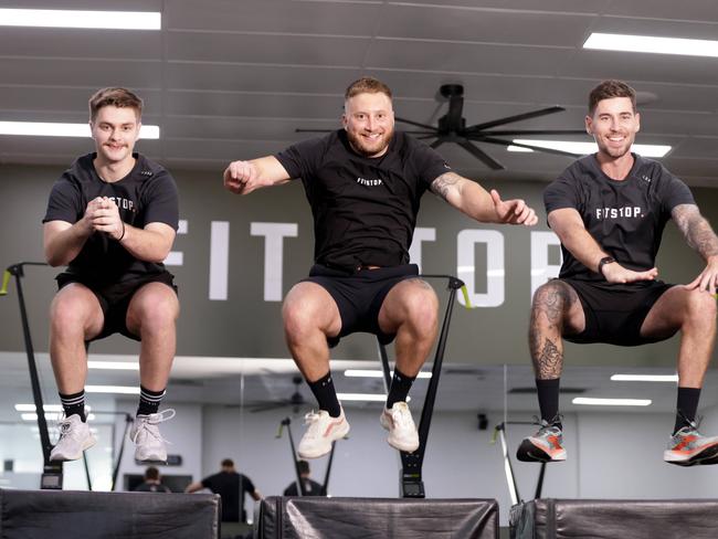 L to R, Tommy Moore (trainer) with owners, Matt Kregenbrink, Keegan McCann, part of the team at Fitstop for Best of Brisbane Fitstop gym, Aspley, on Thursday 3rd August 2023 - Photo Steve Pohlner