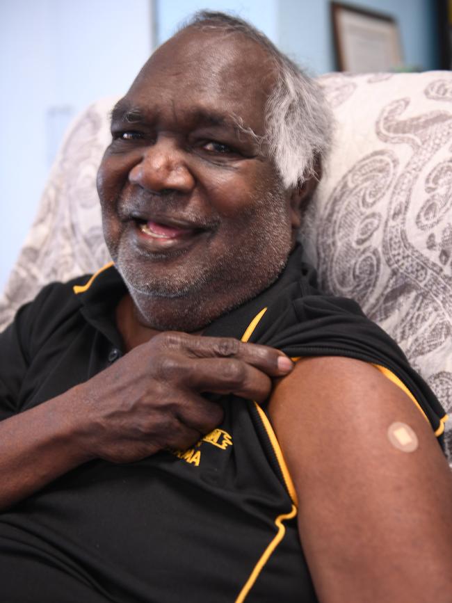 Gumatj senior leader Dr Galarrwuy Yunupingu after receiving his first Covid-19 vaccination. Picture: (A)manda Parkinson