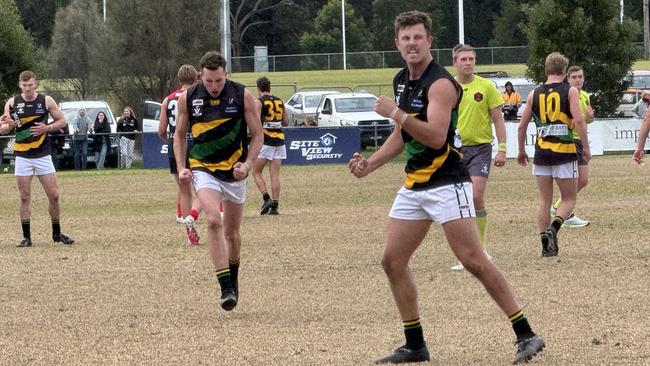 Clayton Gay celebrates a goal for Dromana on Saturday.