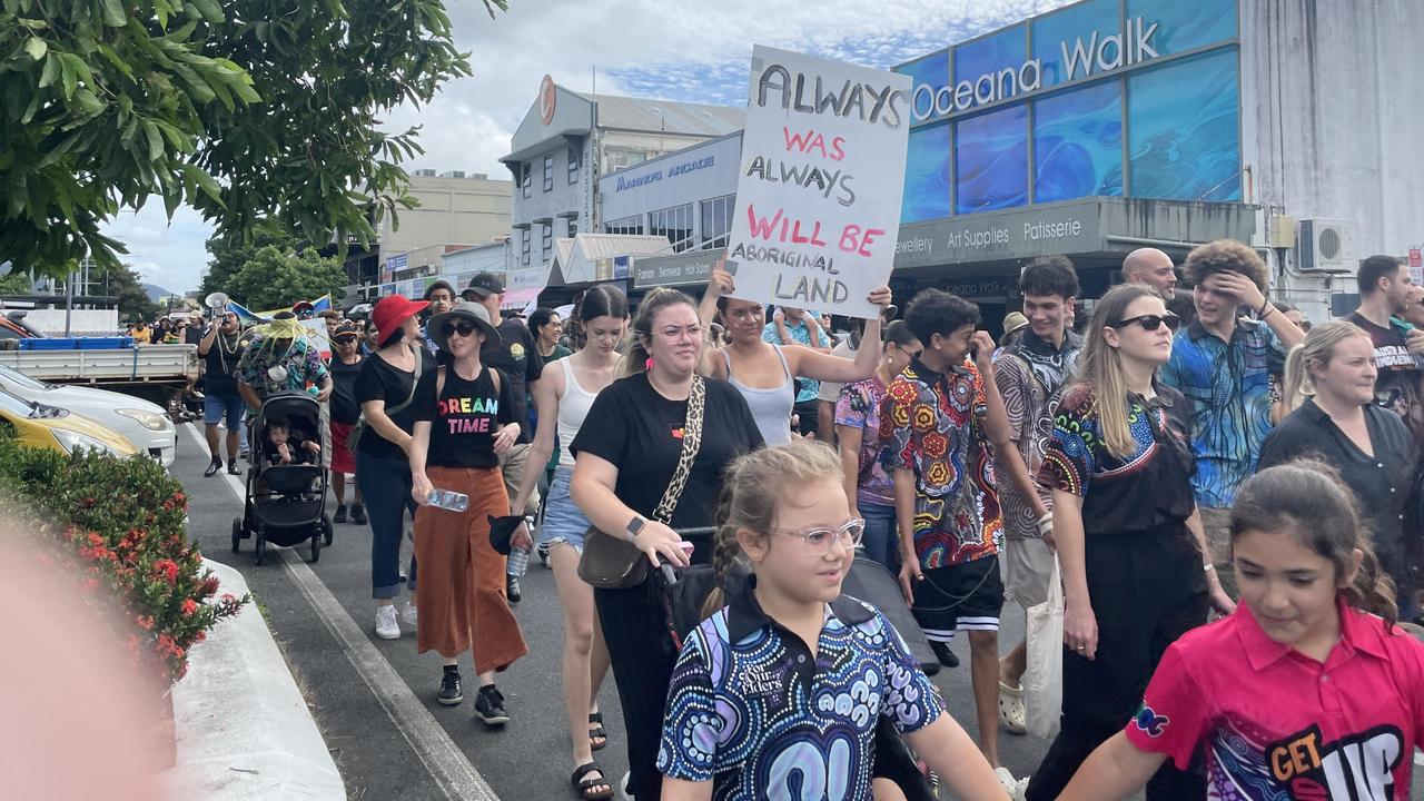 NAIDOC Week in Cairns kicked off with a street march on July 5 with chants of “loud and proud, black and strong, fire burns, all day long”. Picture: Bronwyn Farr