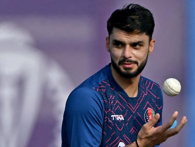 Afghanistan's Naveen-ul-Haq attends a practice session ahead of their 2023 ICC Men's Cricket World Cup one-day international (ODI) match against Netherlands at the Ekana Cricket Stadium in Lucknow on November 1, 2023. (Photo by Arun SANKAR / AFP) / -- IMAGE RESTRICTED TO EDITORIAL USE - STRICTLY NO COMMERCIAL USE --