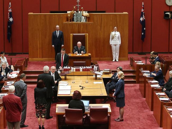 The Governor General of Australia General Sir Peter Cosgrove at the swearing in of three new Senators in the Senate Chamber at Parliament House in Canberra. Picture Kym Smith