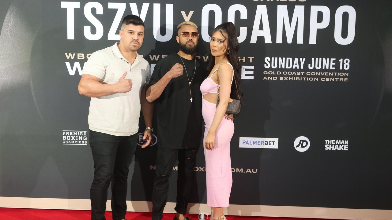 Tim Tszyu v Carlos Ocampo fight launch party, Nineteen at the Star, Broadbeach. (L-R) are Heath Ellis, Mark Schleibs and Rose Burns. Picture by Richard Gosling