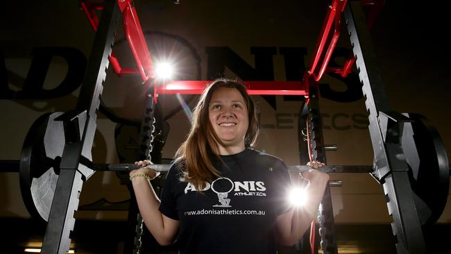 Bethany Parker, 16, competed in the Australian powerlifting championships in Melbourne in August and won a gold medal. Bethany pictured At ADONIS ATHLETICS CENTRE, Castle Hill.