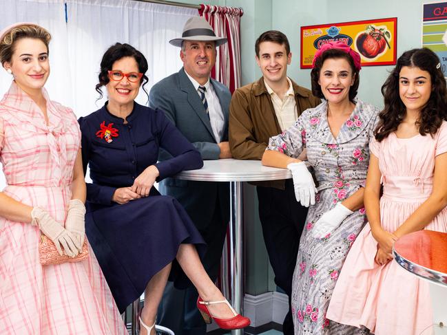 Annabel Crabb with The Ferrones family from ABC documentary Back In Time for the Corner Shop.