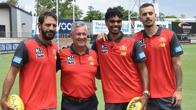 Gold Coast Suns' Ben Long, Lloyd Johnston and Joel Jeffrey alongside club CEO Mark Evans at TIO Oval during their press conference announcing games in Darwin. Picture: Elise Graham.